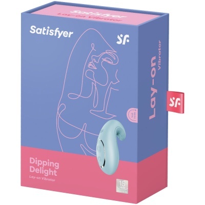 Embalagem azul e rosa com vibrador azul claro Lay-on da Satisfyer Dipping Delight