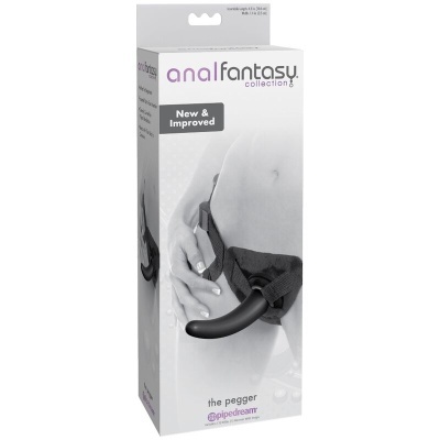 Caixa do produto anal fantasy collection the pegger com imagem de acessório sexual preto e arnês