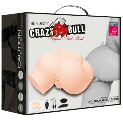 Embalagem do brinquedo sexual Crazy Bull com imagem do produto em tons de pele e texto promocional