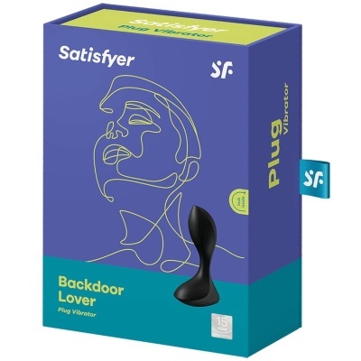 Caixa azul e verde de plug vibrador Satisfyer Backdoor Lover com desenho minimalista e texto em inglês