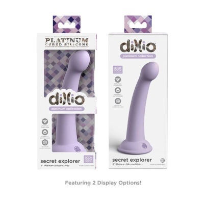 Dildo lilás de silicone da coleção Platinum em embalagem com padrão quadriculado