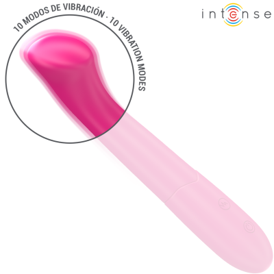 Massageador vibratório rosa com texto sobre modos de vibração e logo Intense
