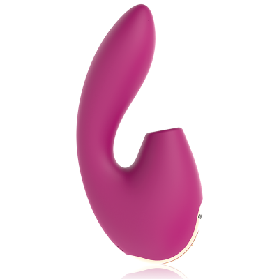 Vibrador rosa com design curvado em silicone e base branca