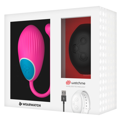 Embalagem de produto WEARWATCH com dispositivo rosa, unidade preta, pulseira branca e cabo USB.