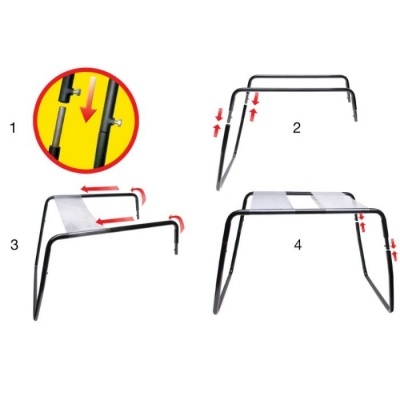 Estrutura metálica preta para apoio com instruções de montagem