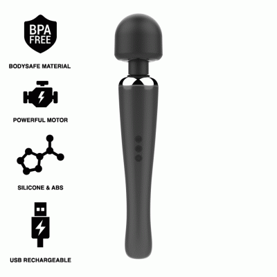 Vibrador varinha preto com ícones e textos informativos ao lado