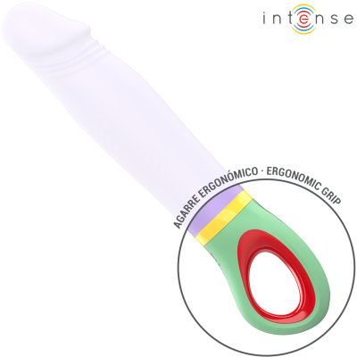 Vibrador branco com pega ergonómica verde e vermelha e texto explicativo