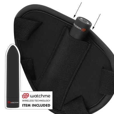 Bolsa preta de tecido com peça cilíndrica preta com texto watchme