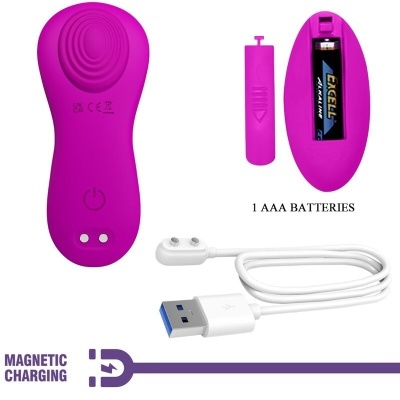 Dispositivo cor-de-rosa com textura, bateria AAA EXCELL e cabo de carregamento magnético USB.