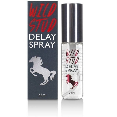Frasco e caixa do spray Wild Stud Delay Spray com imagem de cavalo