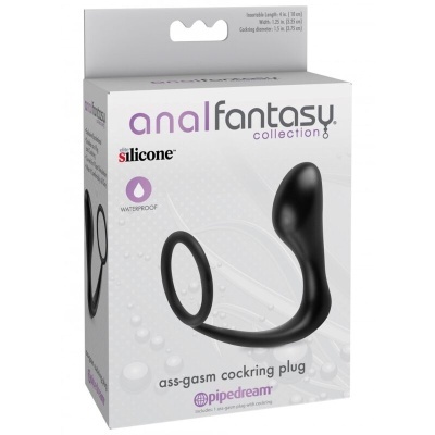 Embalagem branca com plug preto, texto anal fantasy collection silicone waterproof ass-gasm cockring plug pipedream.