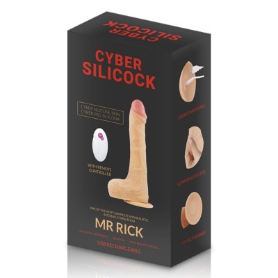 Embalagem preta do produto Cyber Silicock com imagem de um dildo em silicone cor de pele e controle remoto branco.