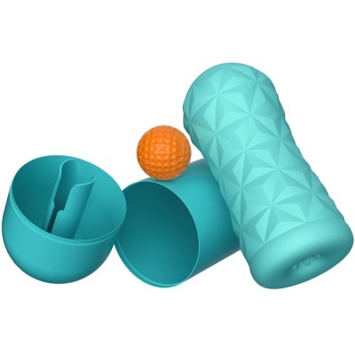 Dispositivo azul turquesa com padrão geométrico, bola laranja texturizada e cápsula aberta