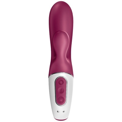 Vibrador roxo em silicone com base branca e botões no painel de controlo