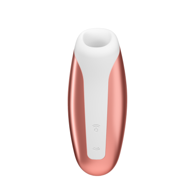 Dispositivo ergonómico rosé metalizado e branco com botões na frente