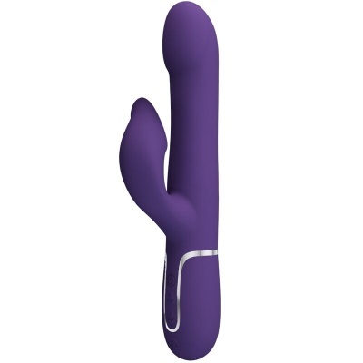 Vibrador roxo de silicone com dupla penetração, botão de controlo e detalhe prateado