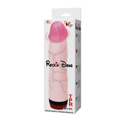 Dildo realista cor pele e rosa em embalagem branca com texto 'Rockin Dong'
