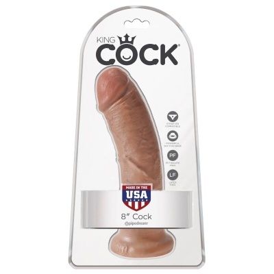 Dildo castanho na embalagem transparente e branca da marca KING COCK