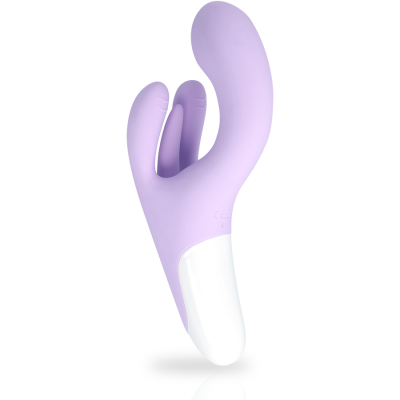 Vibrador ergonómico lilás com base branca e três extensões