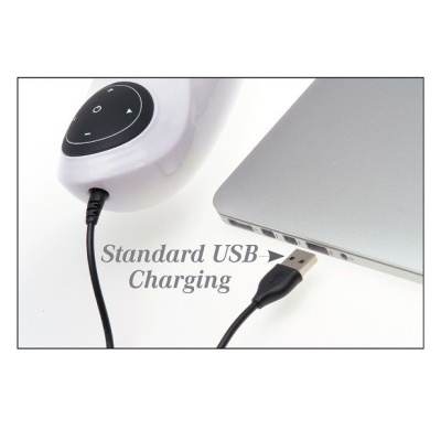 Cabo USB preto ligado a portátil cinzento e dispositivo branco com botão circular negro e texto Standard USB Charging