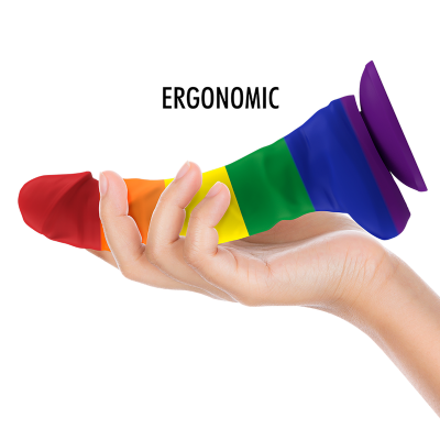 Objeto ergonómico colorido em forma de cone numa mão, palavra ERGONOMIC acima