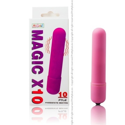 Vibrador cor-de-rosa cilíndrico ao lado da caixa branca com texto Magic X10