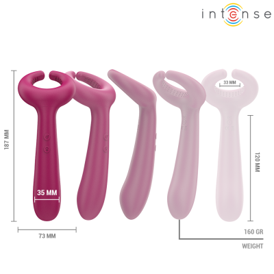 Cinco dispositivos sexuais em silicone em tons de rosa e roxo com medidas e peso indicados