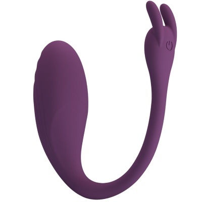 Produto curvo roxo de silicone com botão de ligar nas orelhas