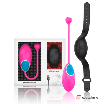 Conjunto wearable cor-de-rosa e preto com controle remoto, pulseira e cabo USB, na embalagem da marca WATCHME