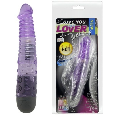Vibrador roxo translúcido com embalagem contendo texto em inglês