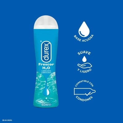 Frasco azul de lubrificante Durex Frescor H2O 50 ml com texto e símbolos explicativos