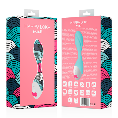 Caixa de produto rosa com vibrador azul claro e branco, padrão colorido nas laterais