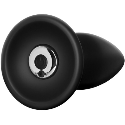 Plug preto de silicone com base circular larga e botão cromado