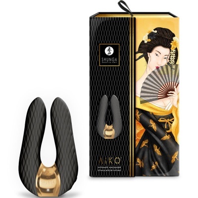 Massageador vibratório preto e dourado com caixa ilustrada da marca SHUNGA