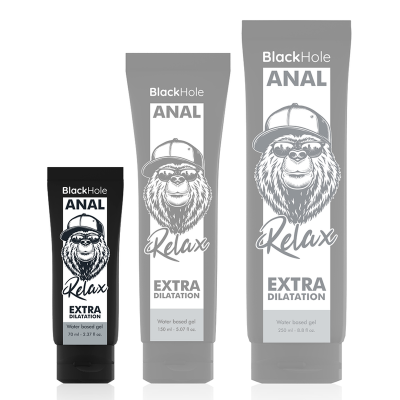 Três tubos de gel BlackHole ANAL Relax Extra Dilatation em preto e cinza, com ilustração de gorila com boné