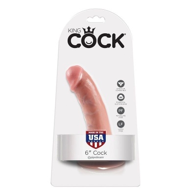 Embalagem branca com dildo realista cor pele de 15 cm e texto KING COCK
