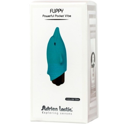 Caixa branca com produto Flippy Powerful Pocket Vibe azul e preto da Adriana Lastic