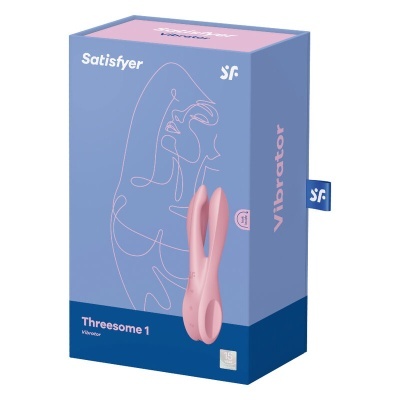 Embalagem azul e rosa com vibrador Satisfyer Threesome 1 e ilustração de rosto