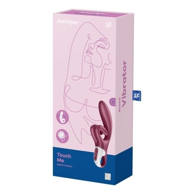 Embalagem rosa e azul do vibrador Satisfyer Touch Me com imagem do produto vinho e branco