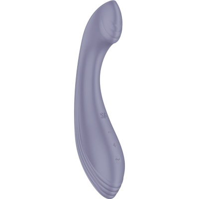 Vibrador lilás curvo com botões de controlo em fundo branco