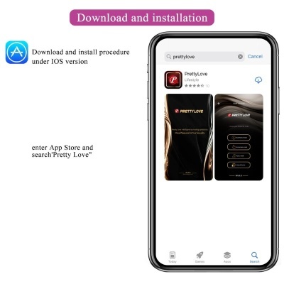 Smartphone com App Store aberta a procurar 'Pretty Love', mostrando instruções de download e imagens do app