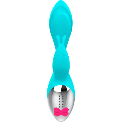 Vibrador azul com base metálica prateada e botões rosas