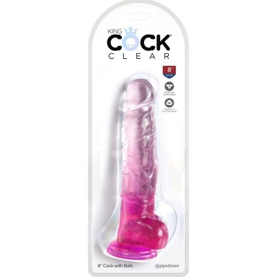 Dildo translúcido rosa e lilás com base em ventosa em embalagem branca com texto KING COCK CLEAR