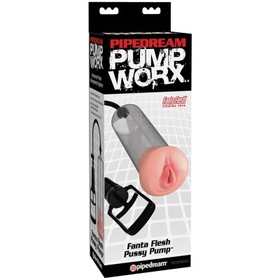 Embalagem do produto Pipedream Pump Worx Fanta Flesh Pussy Pump com imagem da bomba de sucção