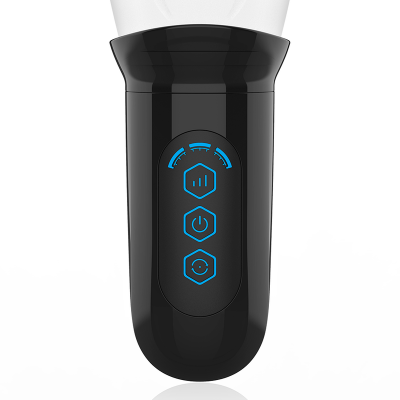 Dispositivo eletrônico preto com botões e indicadores azuis