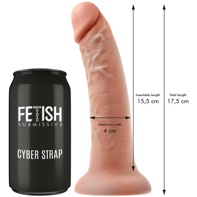 Dildo realista cor pele ao lado de lata preta com texto FETISH SUBMISSIVE CYBER STRAP