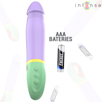 Vibrador roxo com base verde com botões, pilhas AAA e texto AAA BATERIES