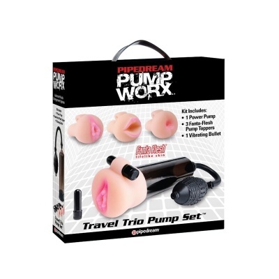 Conjunto Travel Trio Pump Set com bomba manual, três cabeças em tom pele e vibrador pequeno preto na caixa