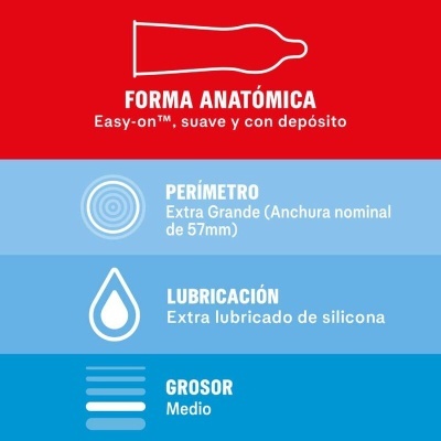 Anúncio de preservativo com forma anatómica, perímetro de 57mm, lubrificação de silicone e grosor médio.