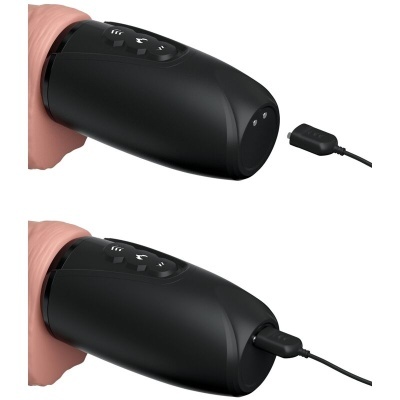 Dispositivos eletrónicos portáteis pretos com botões e luzes LED, um ligado a cabo USB